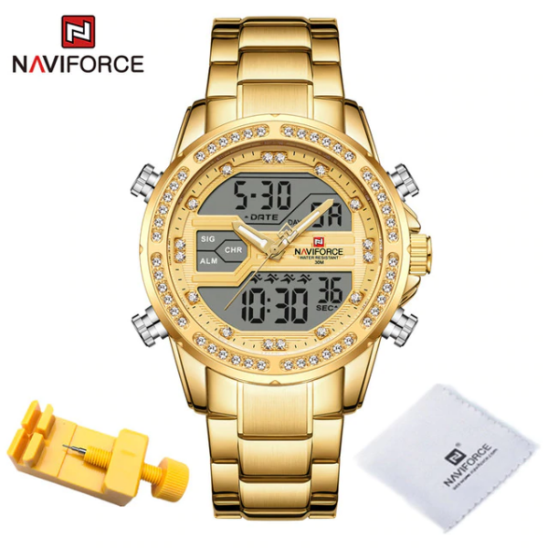 2021 NAVIFORCE NF 9190 GG ZLATNI analogno-digitalni ručni sat za muškarce sa kalendarom od legure cinka