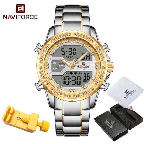 2021 NAVIFORCE NF 9190 SG SIVO ZLATNI analogno-digitalni ručni sat za muškarce sa kalendarom od legure cinka