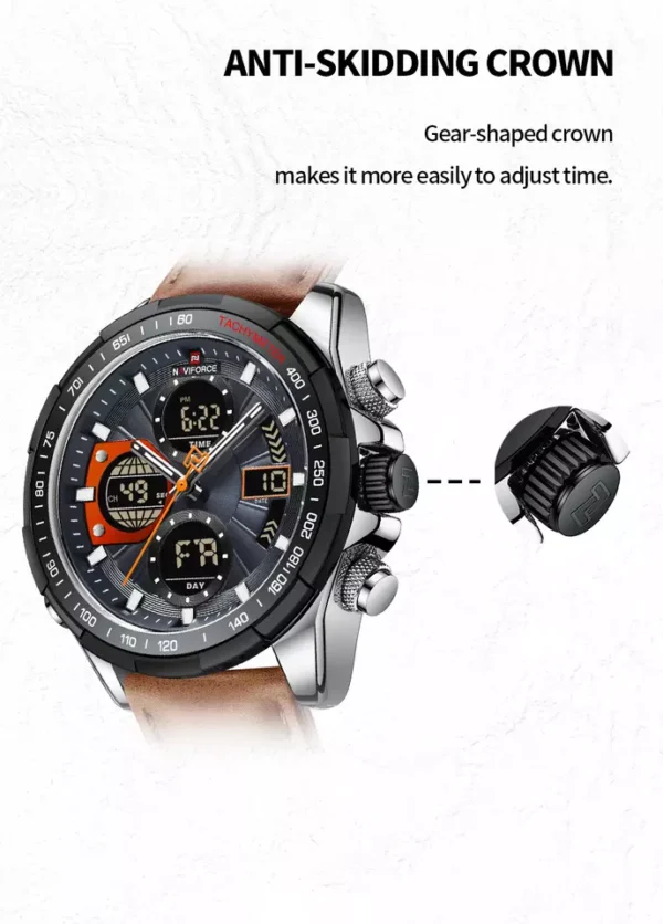 NAVIFORCE muški sportski analogno digitalni kvarcni sat od prave kože NF 9197L SGZOBN vodootporan